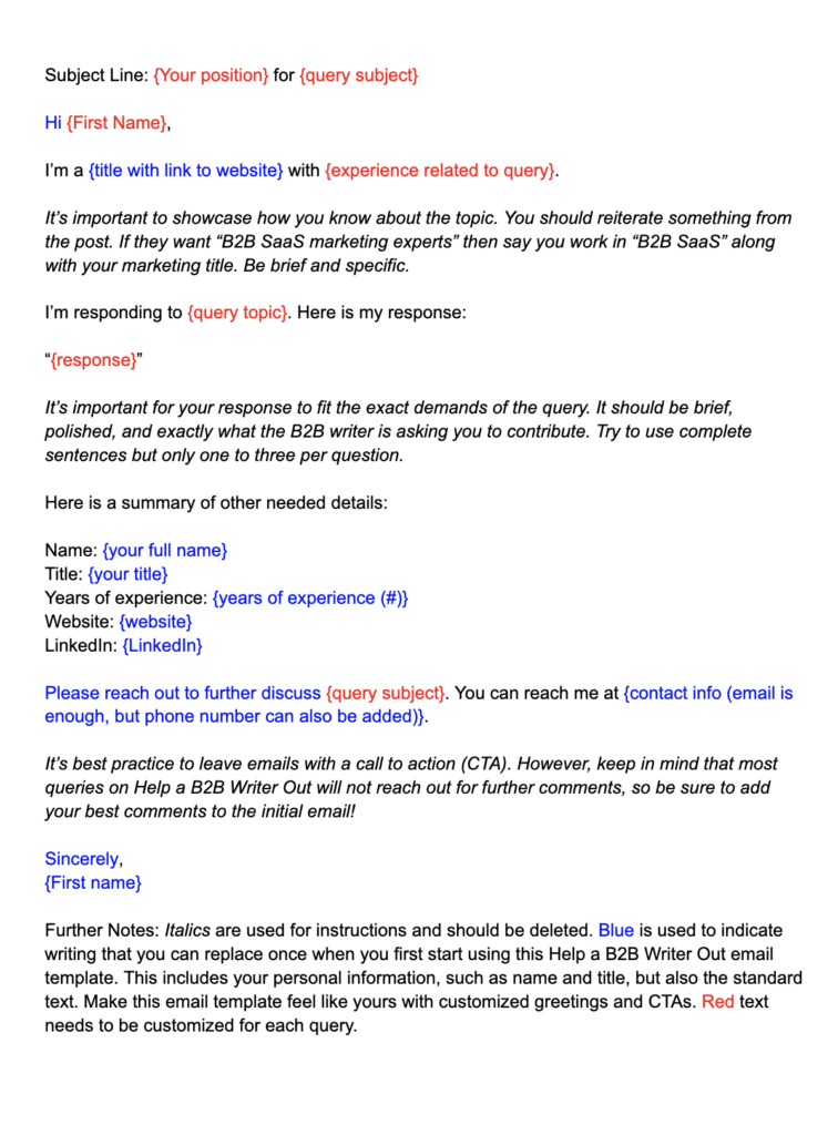 This is a Help a B2B Writer email template. You can use this Ha2B2W email template to reply to queries as part of your PR backlink outreach strategy.